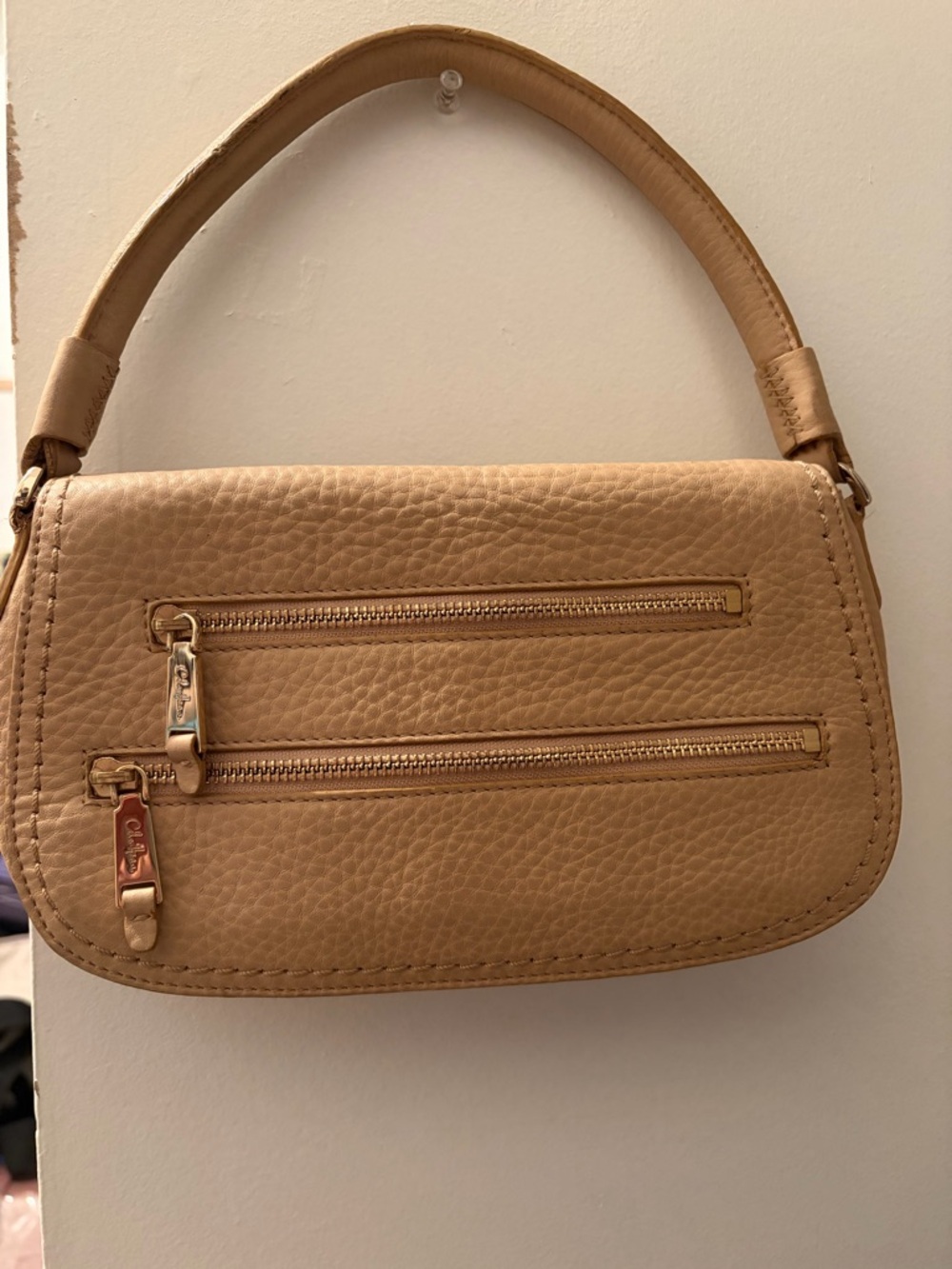 Cole Haan Pebbled Tan Leather Shoulder Bag with Front Zips
